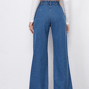 Jean en denim taille haute pour femme, coupe ample, jambe large, longueur intégrale, délavage moyen, couleur unie, style décontracté, 100 % coton, idéal pour l'automne - Product Image 4