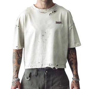 Venta al por mayor hombres peso pesado 100% algodón Streetwear camiseta en blanco Vintage lavado cuadrado recortado de gran tamaño desgastado 300 gramos - Product Image 1