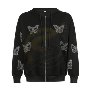 Sudaderas con capucha de diamantes de imitación Unisex con cremallera completa de Color negro para invierno básicos de algodón mezclado mejor Sudadera con capucha de diamantes de imitación de moda al aire libre - Product Image 1