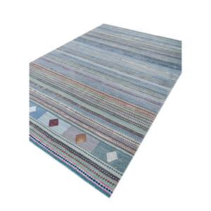 Tapis Manchaha bleu en laine et soie de bambou noué à la main, 10 mm, rayé abstrait, rectangulaire, pour la maison, le couloir, la salle, modèle Les-2080 - Product Image 2