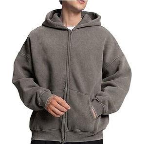 Sweat à capuche zippé de haute qualité personnalisé confortable et respirant à la mode prix de gros unisexe lavage à l'acide sweats à capuche poids lourd - Product Image 3