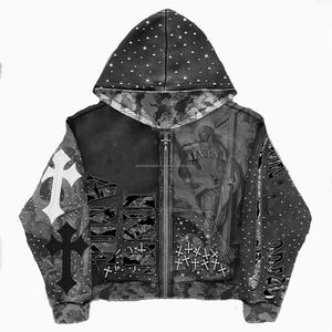 2026 Custom <b>Hoodie</b> Rhinestone <b>Zip</b> <b>up</b> Jacket Acid Wash <b>Vintage</b> Washed Men Fleece Streetwear <b>Hoodie</b> For Men - Product Image 1