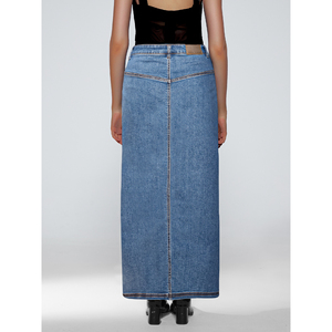 Jupe longue en jean délavé Paola Riboni avec fente avant, taille haute, coupe trapèze, pour femme, été, automne, hiver - Product Image 3