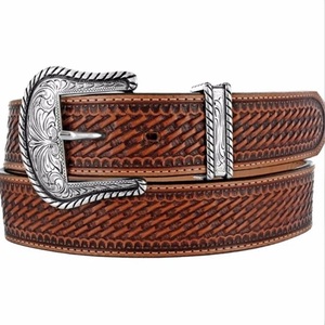 Quality Workmanship Full Grain Basket Weave Design Engraved Men's Fashion Western <b>leather</b> hand <b>tooling</b> <b>belt</b> - Product Image 2