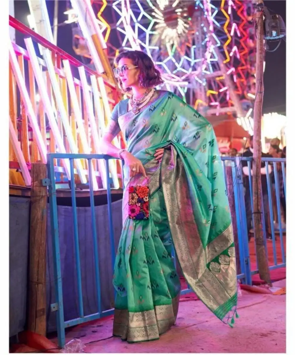 Attractive Indian women wear silk saree lace garment