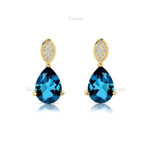 Pendientes de gota de diamantes de Topacio Azul de Londres 100% de oro macizo de 18K, pendientes de joyería fina llamativos a la moda para boda OEM - Product Image 3