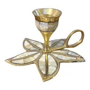 Hand Crafted Brass Flower Candle Holder With Mother Of Pearl Inlay Art Perfect For Home Decoration And Gifting Product For Sale