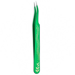 Pince à épiler de précision verte pour cils, avec pointe inclinée et motif en forme de feuille - Product Image 1