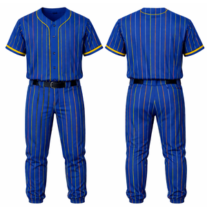 Ensemble de maillot et pantalon de baseball personnalisé sublimé, bleu royal avec rayures multicolores, maillot à boutons complets et passepoil jaune - Product Image 1