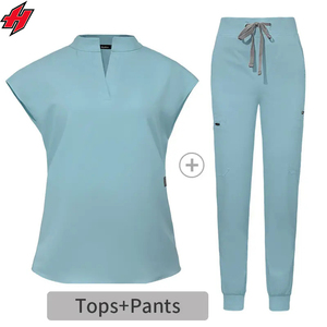 Mode féminine col en v infirmière médecin uniforme gommages ensembles Logo personnalisé vente en gros survêtement costume tricoté tissu - Product Image 5