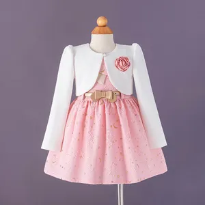 Popular baby girl dresses floral Pink Ivory two piece baby frock party flower girl dress with Jacket set