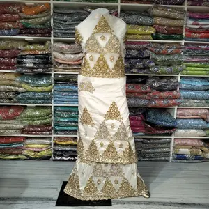 Factory Sale Latest African George Fabric Cream & White Color Golden Beaded Work George Wrapper with Net Blouse For Women