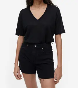 女式v领平纹黑色定制设计加标志和尺寸套头衫短袖女式t恤
