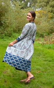 Hand Block Printed Melody <b>Dress</b> Pure Cotton A-Line <b>Boho</b> <b>White</b> Blue - Product Image 2