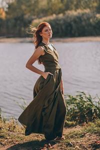 เดรสแมกซี่ผ้าลินินทอยาวเป็นมิตรกับสิ่งแวดล้อมมีกระเป๋าสีทึบขนาดรอบเอวธรรมชาติ XXL + เดรสแบบผูกเอวสำหรับฤดูร้อน - Product Image 4