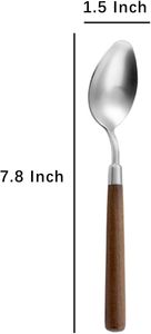 Cuillère à manche en bois rétro Cuillères à soupe de service en acier inoxydable Cuillère à dîner en bois Argenterie argentée avec manche marron 4 pièces. - Product Image 2