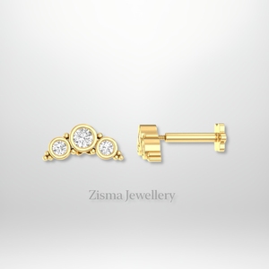 ขายส่งต่างหูเม็ดเพชรแบบโค้ง3เม็ด14K โกลด์เกลียวและกระดูกอ่อนเจาะเครื่องประดับเพชรธรรมชาติและแล็บปลูก - Product Image 3