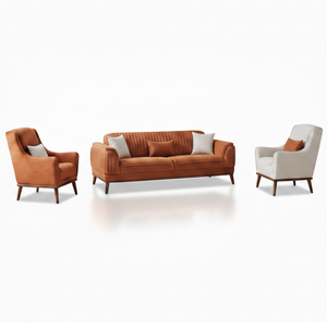 ชุดโซฟาหุ้มเบาะหรูหราทันสมัย เก้าอี้นวมสำหรับห้องนั่งเล่น เฟอร์นิเจอร์อพาร์ทเมนต์ ขาไม้ โซฟาผ้า ใช้ในโรงแรม รับผลิตแบบ OEM - Product Image 1