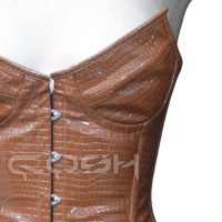 Corset Overbust en PVC effet peau animale marron, respirant, grande taille, avec fermeture avant à agrafes et laçage arrière, idéal pour les soirées