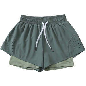 Nueva versión de pantalones cortos deportivos de malla de doble capa para mujer, cintura alta, transpirable, de secado rápido, cintura elástica, volantes, deportes anchos sueltos - Product Image 5