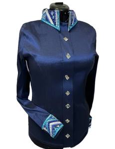 Camisa Cowgirl Western Show hecha a mano en azul marino impresa en tela de tafetán elástico para uso ecuestre - Product Image 1