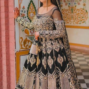 NEW--INDIAN/PAKISTANI ROBE DE MARIÉE LOURDE NOIRE ANARKALI & LEHENGA ornée de perles de verre de cristal, pierre, travail DABKA @ 2023 - Product Image 1