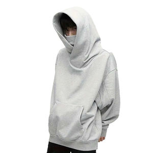 Light <b>Grey</b> Oversized Hoodies <b>Men</b> Heavyweight Fleece Pullover Streetwear Hooded <b>Sweatshirt</b> with Face Cover Custom Logo Winter - Product Image 1