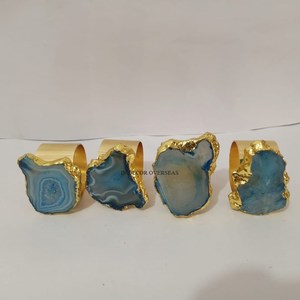 Anneaux de serviette de luxe de haute qualité en métal plaqué or avec sous-verres bleus, décoration de table de mariage design - Product Image 3