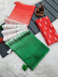 Sari Premium de Lilen para Mujer Adulta con Estampado Tiranga y Patrón Tiranga Dorado en la Blusa de Lilen, Hecho en India - Product Image 2