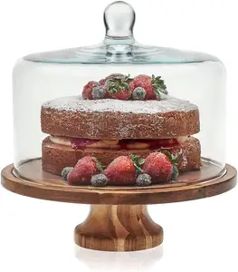 批发工艺品复古风格木制托盘蛋糕架，带玻璃圆顶，用于家居和蛋糕装饰