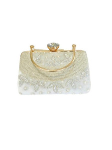 Direct India Elegant Vintage Lady Satin Bridal Purse Hand Embroidered Golden <b>White</b> Beads Best Quality Women's Fashion <b>Clutches</b> - Product Image 4