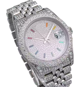 Montre sport en acier inoxydable sertie de diamants Moissanite, mouvement ETA, bracelet en cuir, étanche, cadran analogique en verre, boîtier unisexe - Product Image 3