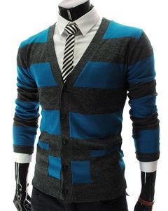 Blue Dark Grey Striped V Neck Knitted <b>Cardigan</b> Sweater With Button Closure And Soft Stretch Fabric Cotton For Winter Wear - Product Image 1