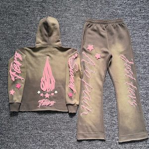 Custom Stone Wash Distressed Puff <b>Printing</b> Rhinestone Cropped Plus Size Men's Y2K Sun Faded Sweatpants and <b>Hoodie</b> Set - Product Image 2