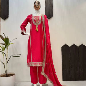 <b>Pink</b> Red Colour 3 Piece Set In Pure Chinnon With Embroidery Sequence Work Pakistani Style Stitched Ready To Wear <b>Salwar</b> <b>Kameez</b> - Product Image 1