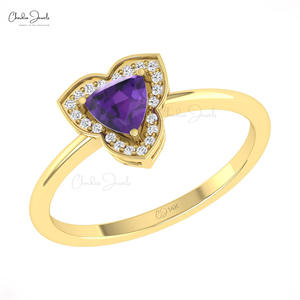 Chaude Tendance Dames Bijoux Halo Diamant Anneau Avec 5MM Trillion Cut Naturel Améthyste Gemme 14k Or Massif Promise Ring En Vrac - Product Image 2