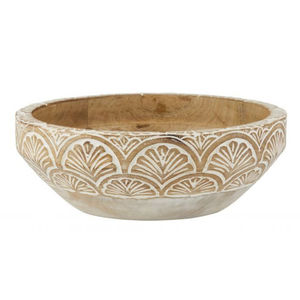 Bol de service en bois de manguier artisanal avec motif de feuille sculptée blanc antique, ustensiles de cuisine écologiques pour la maison, fournisseur d'hôtel - Product Image 3