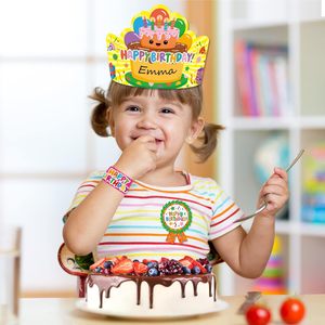 Couronnes d'anniversaire joyeux anniversaire Badge autocollants papier fête chapeaux avec bande élastique Slap Bracelet <span class=keywords><strong>maternelle</strong></span> fournitures scolaires - Product Image 6