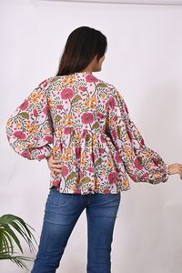 Belle main bloc imprimé coton femmes tenue décontracté à manches longues chemise à la main imprimé fleuri vêtements de plage haut en coton pour les femmes - Product Image 5