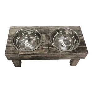 Table d'alimentation pour animaux de compagnie en bois d'aspect antique brun lavé avec bols surélevés pour chiens et chats Station d'alimentation rustique pour animaux de compagnie - Product Image 3