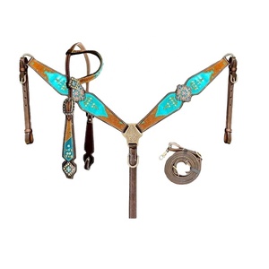 100% cuero genuino occidental de una sola oreja Headstall y conjunto de cuello de pecho con riendas a juego al por mayor fabricante proveedor - Product Image 1