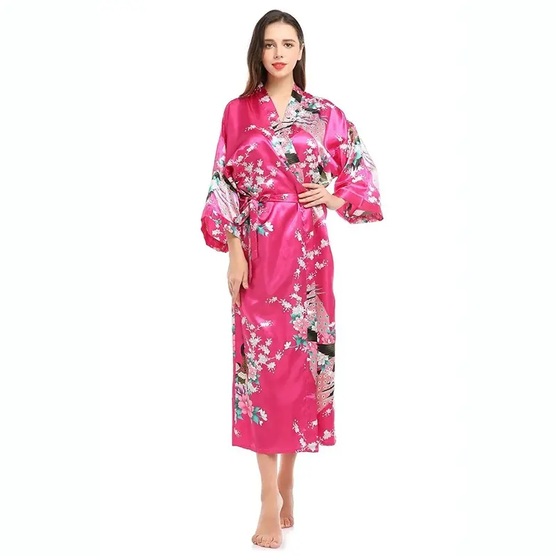 Tuyệt Vời Quần Áo Đêm Lụa Satin Áo Choàng Kimono Dài Quần Áo Ngủ Mặc Quần Áo Gown Hoa Con Công In Mô Hình Đảng Cưới Cô Dâu