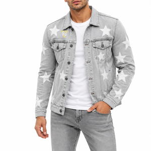 <b>Men's</b> Light Gray <b>Denim</b> <b>Jacket</b> Star Print Turn-down Collar Casual Washed Cotton Regular Sleeve Single Breasted - Product Image 5