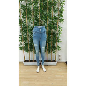 Jeans de mujer con cintura alta y botones al frente con detalles rasgados, 27090 - Product Image 5