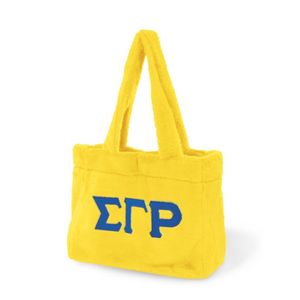 Borsa Tote in pelliccia di sorellanza Sigma Gamma Rho SGRho oro con lettere ricamate blu reale borsa in peluche regalo di confraternita greca - Product Image 2