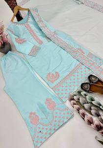 NEW DESIGNER HEAVY ROMAN <b>SILK</b> REVERSIBLE EMBROIDERED <b>KURTA</b> PALAZZO and DUPATTA SET for PARTY FANCY CASUAL ALL SEASONS - Product Image 4