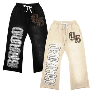 กางเกงสเวตแพนท์ทรงตรงขาบานสไตล์วินเทจพิมพ์ลาย Y2K ผ้าฝ้ายคุณภาพสูงสีดำล้างสีแบบแอซิดวอชสำหรับผู้ชาย - Product Image 2