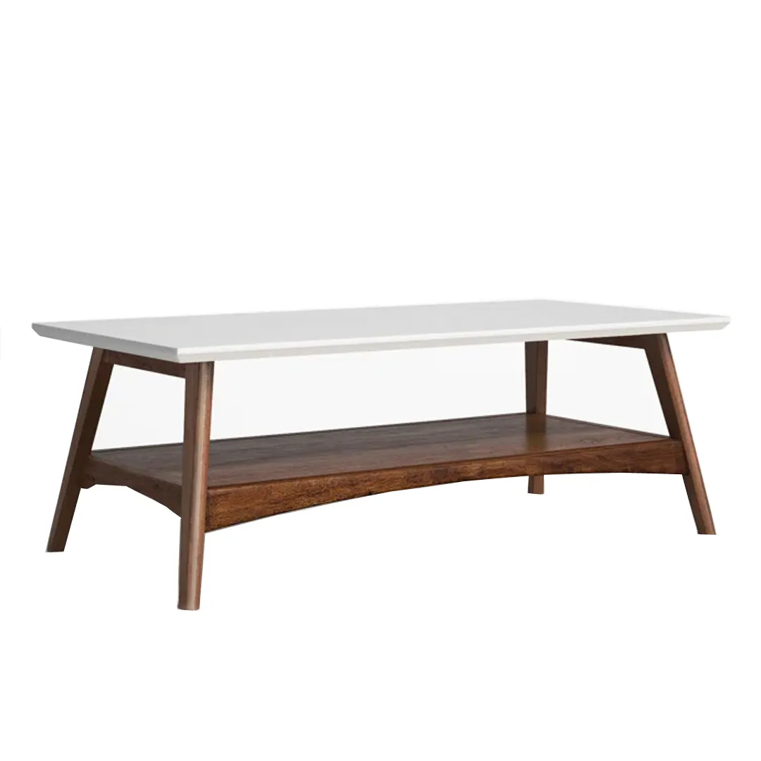 Table basse moderne en bois massif de teck Table supérieure rectangulaire avec pieds évasés et étagère inférieure ouverte