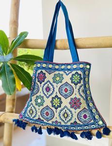 Bolso bandolera de algodón bohemio con estilo para mujer, bordado a mano, cadenas de trabajo con espejo, cierre de cremallera, bolso ecológico duradero - Product Image 3