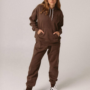 Vente en gros OEM ensemble survêtement 2 pièces pour femmes de haute qualité en coton épais pantalon de survêtement surdimensionné à capuche motif solide long - Product Image 3